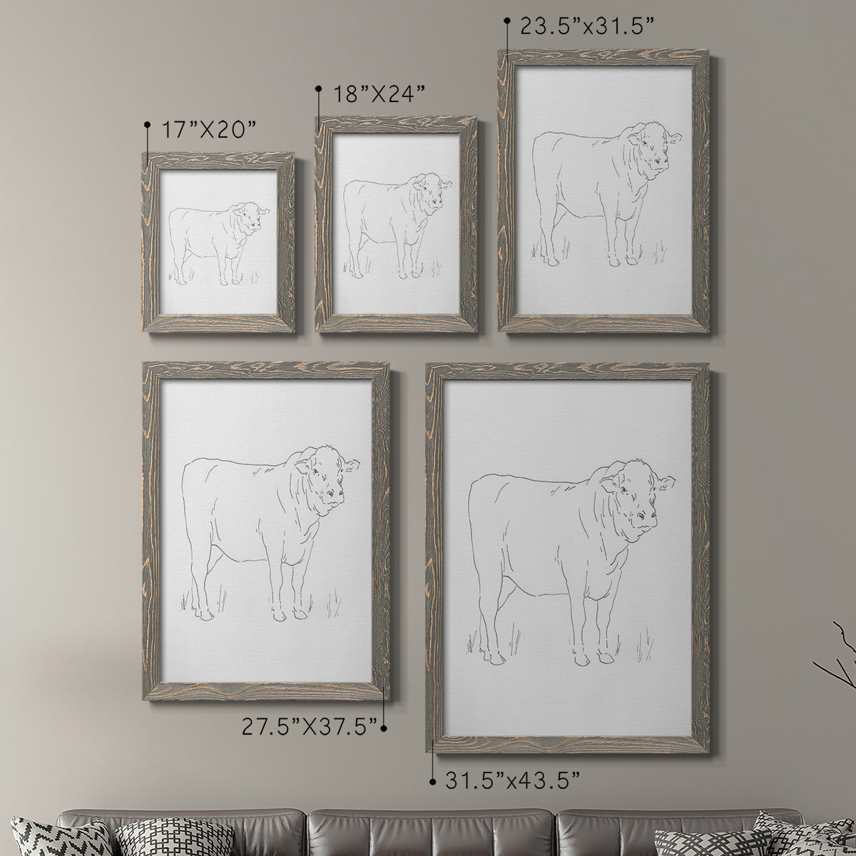 Size comparison chart for a set of two gray barnwood framed canvas prints.
