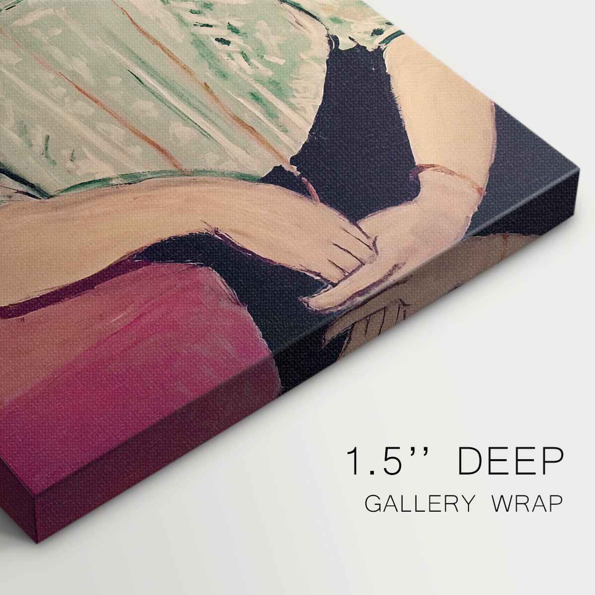 Close-up of a gallery-wrapped canvas corner showing a composed figure with flat color and clean lines, highlighting texture and print detail.