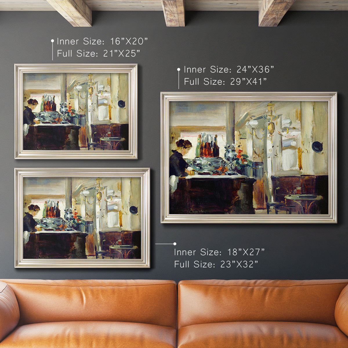 Impressionist café still life scene by Édouard Manet in an ornate champagne frame shown in multiple size options.