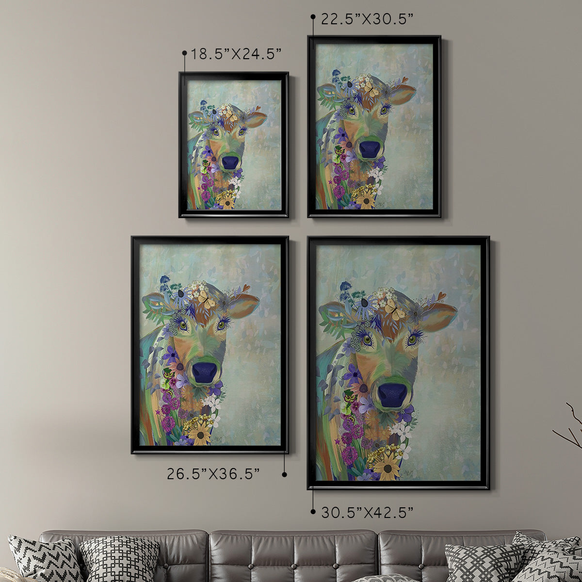 Fantastic Florals Cow - Modern Framed Canvas Print