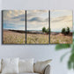 Three-panel canvas wall art featuring wildflowers across tuscan landscape, displayed in a living room above a sofa.
