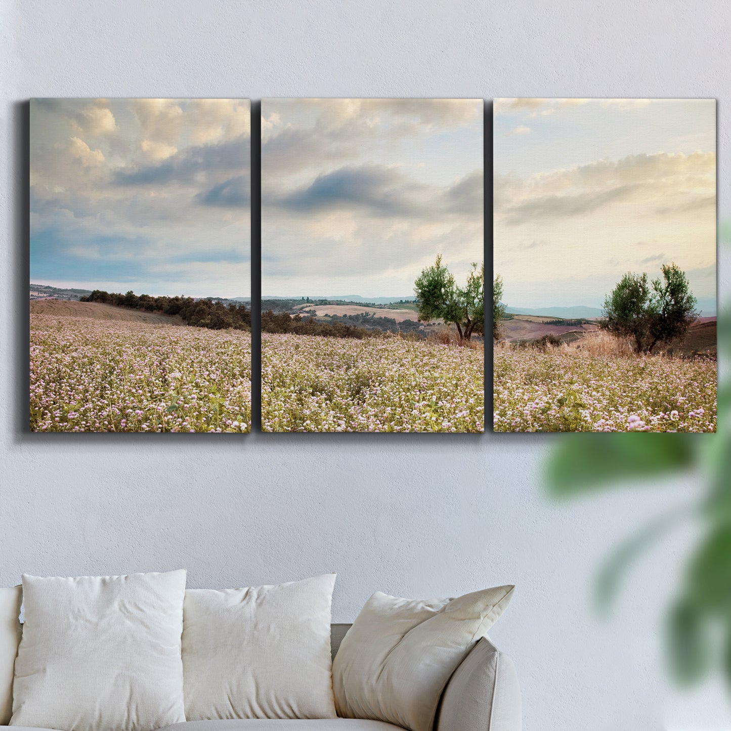 Three-panel canvas wall art featuring wildflowers across tuscan landscape, displayed in a living room above a sofa.