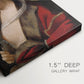 Close-up of a gallery-wrapped canvas corner showing a composed figure with natural tones and gentle gaze, highlighting texture and print detail.