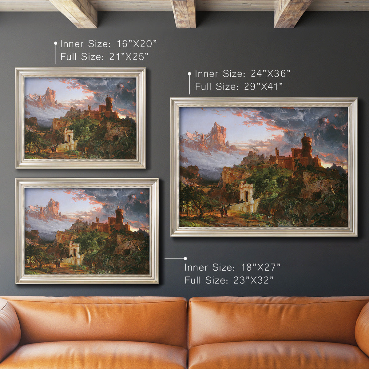 Romantic allegorical landscape painting by Jasper Francis Cropsey in an ornate champagne frame shown in multiple size options.