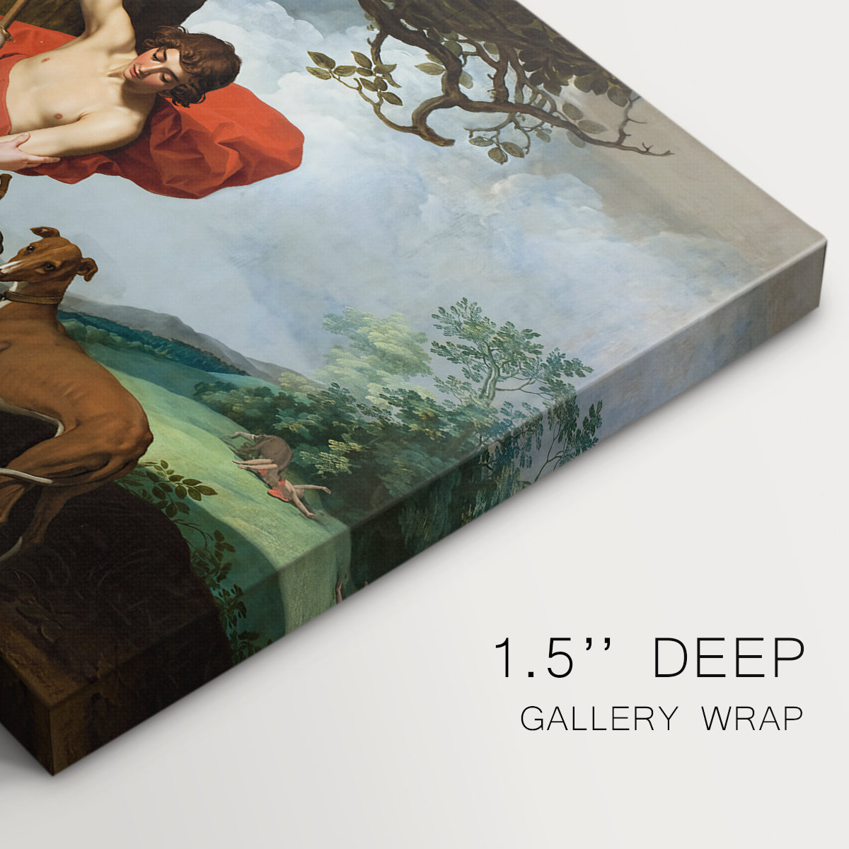 Canvas art print of Venus embracing Adonis in a mythological forest scene with Cupid nearby, highlighting texture and gallery-wrapped edges