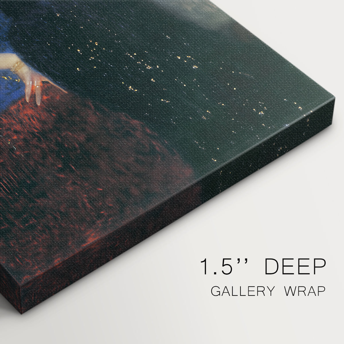 Close-up of a gallery-wrapped canvas corner showing a dignified composition with soft shading, highlighting texture and print detail.