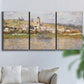 Three-panel canvas wall art featuring village overlooking river valley, displayed in a living room above a sofa.