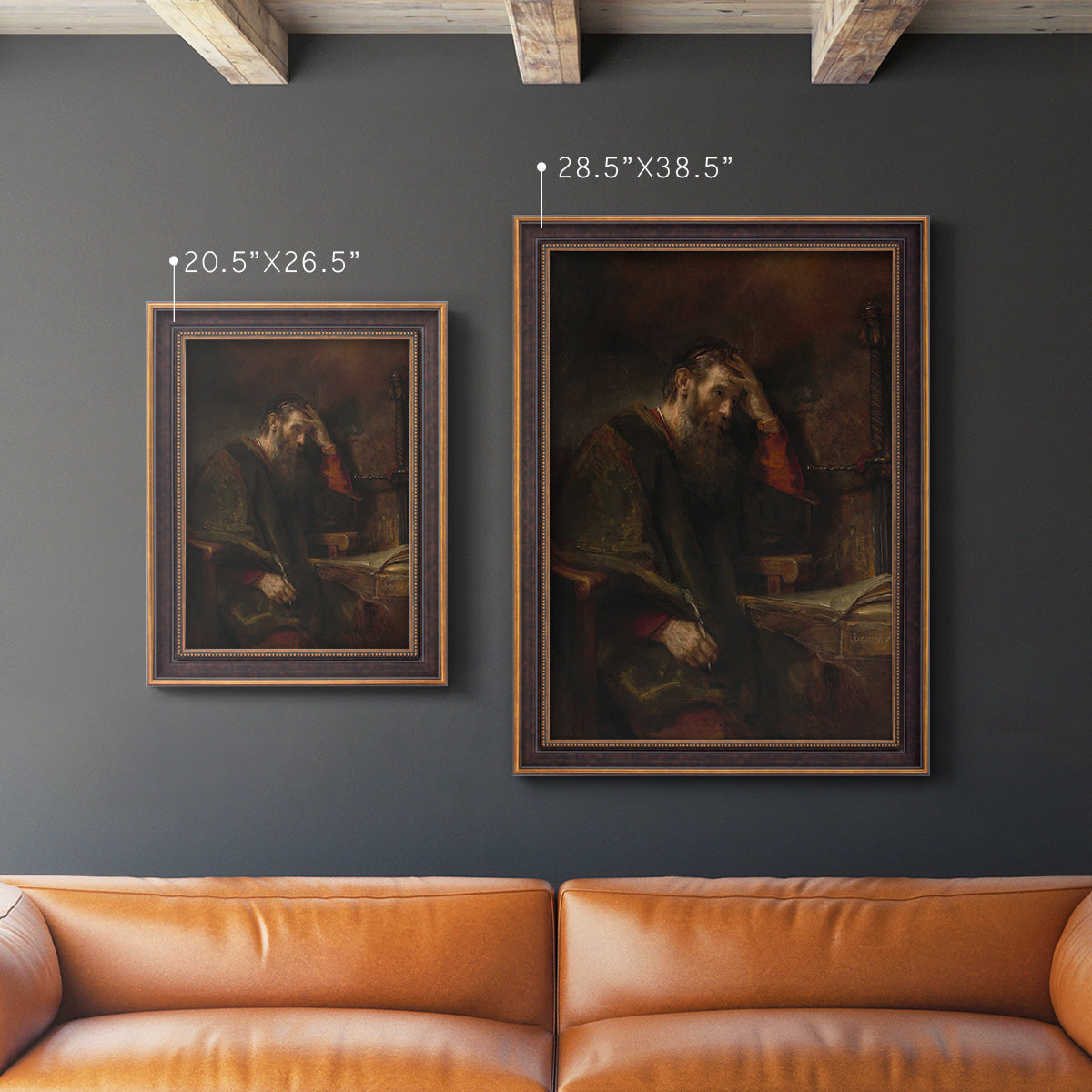 Classical religious portrait of Paul the Apostle by Rembrandt van Rijn in an ornate bronzed mahogany wood frame shown in multiple vertical size options.