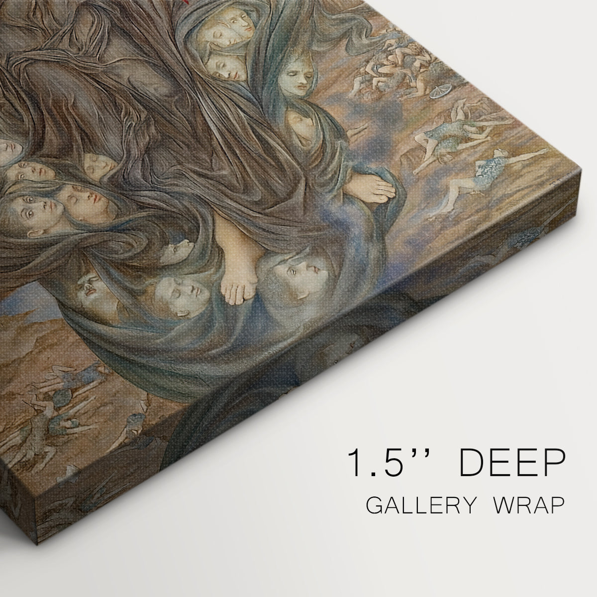 Close-up of a gallery-wrapped canvas corner showing a solemn landscape with symbolic figures and heavy atmosphere, highlighting texture and print detail.