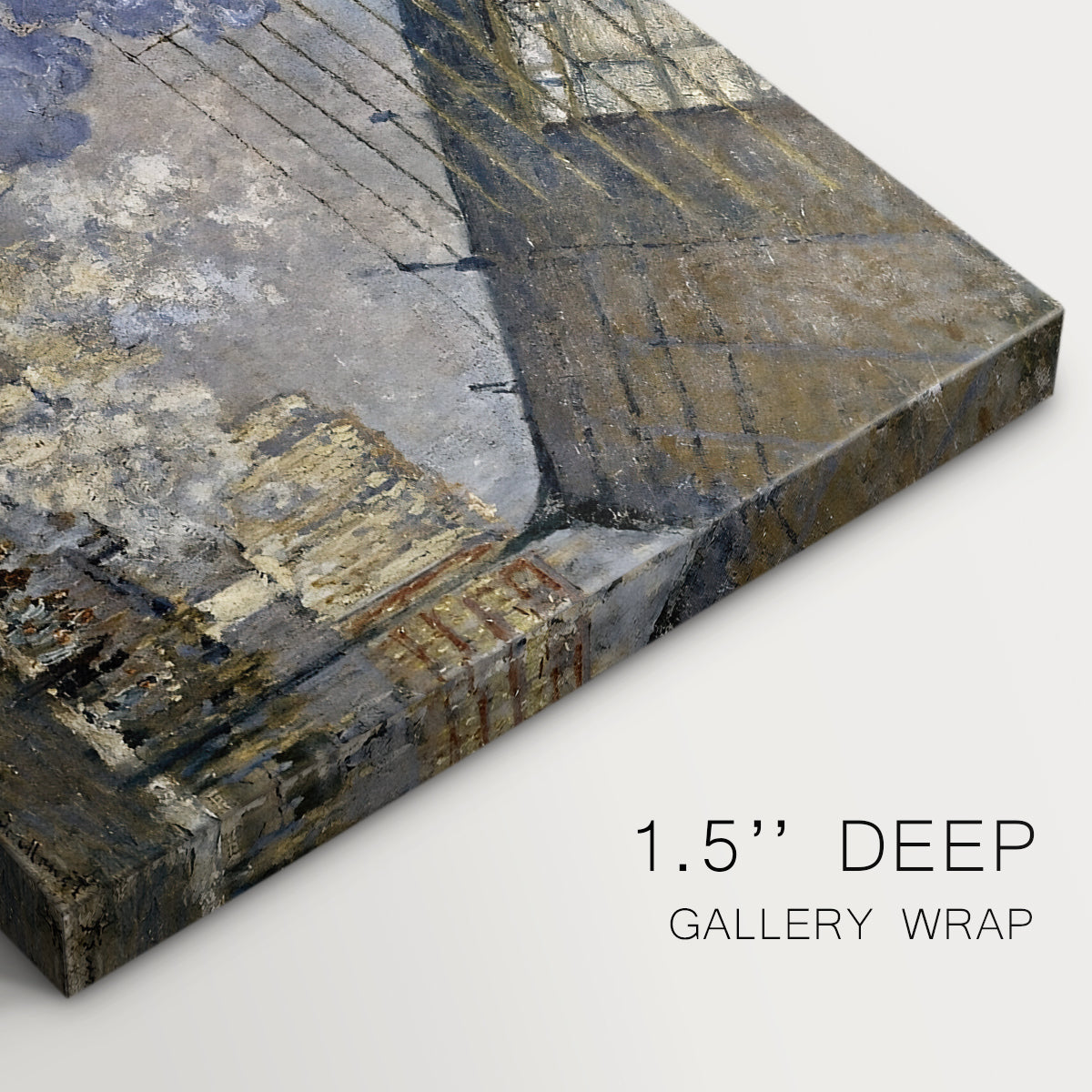 Canvas art print of a train station interior filled with steam and locomotives under iron structure, highlighting texture and gallery-wrapped edges