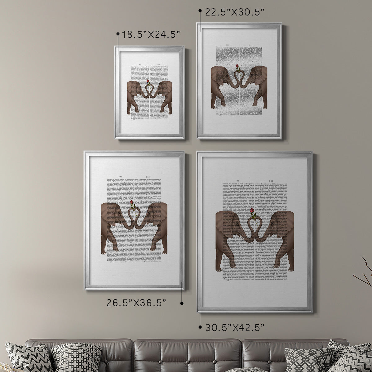 Elephants Heart and Rose - Modern Framed Canvas Print