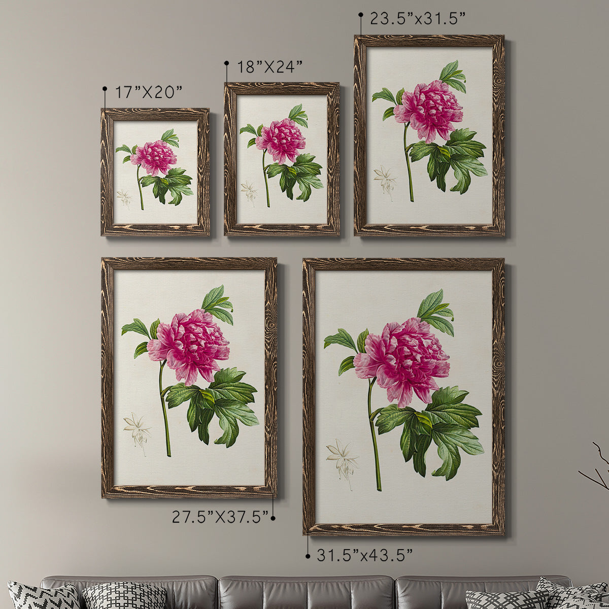 Size comparison chart for a set of two walnut barnwood framed canvas prints.