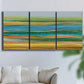 Three-panel canvas wall art featuring parallel linear abstract striations, displayed in a living room above a sofa.