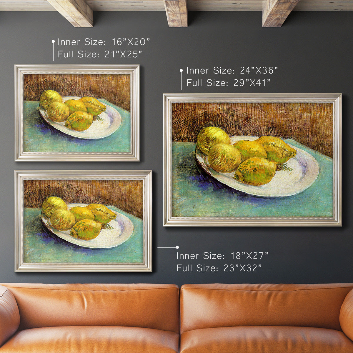 Impressionist still life with lemons by Vincent van Gogh in an ornate champagne frame shown in multiple size options.