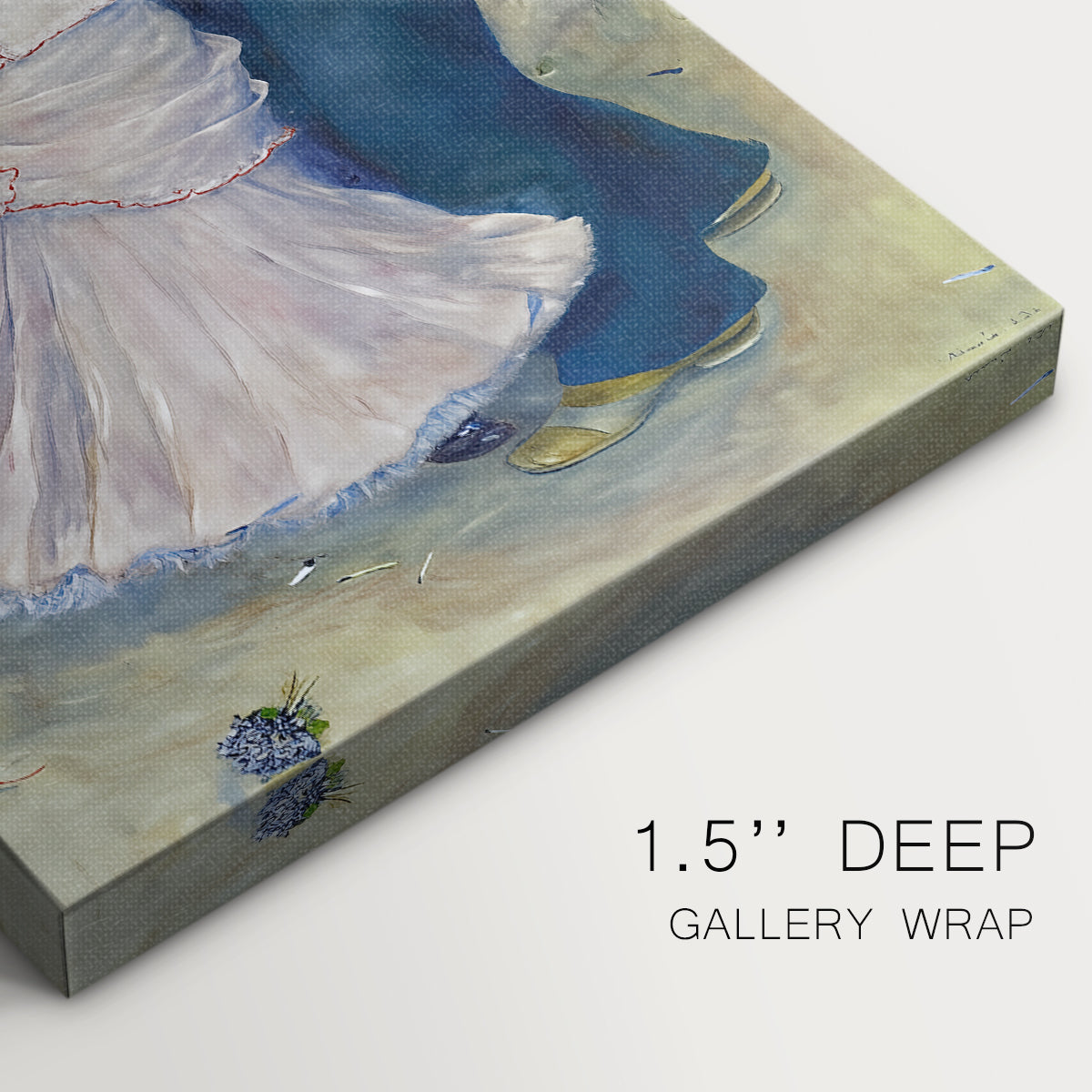 Close-up of a gallery-wrapped canvas corner showing a social scene with movement and light in an open setting, highlighting texture and print detail.