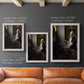 Quiet interior genre scene of a woman with scales by Johannes Vermeer in an ornate weathered white frame shown in multiple vertical size options.