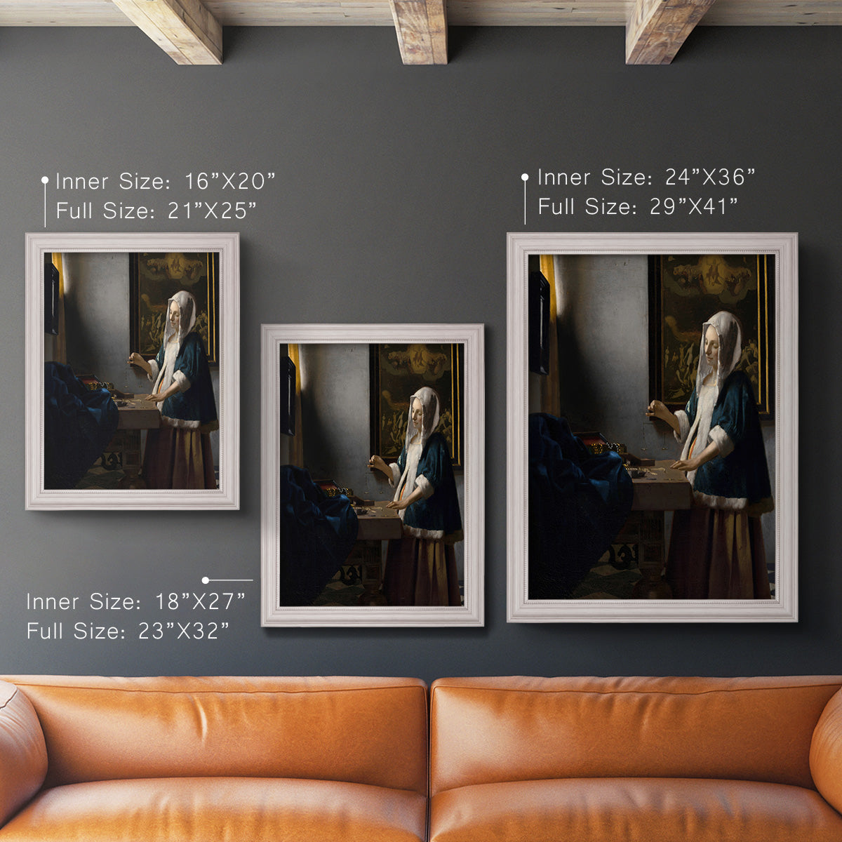 Quiet interior genre scene of a woman with scales by Johannes Vermeer in an ornate weathered white frame shown in multiple vertical size options.