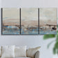 Three-panel canvas wall art featuring abstract bridge landscape in cyan, displayed in a living room above a sofa.