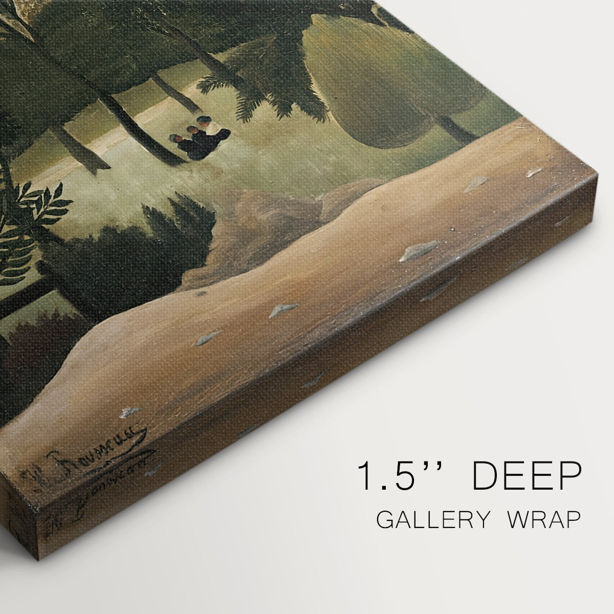 Close-up of a gallery-wrapped canvas corner showing a quiet landscape with minimal detail and soft light, highlighting texture and print detail.