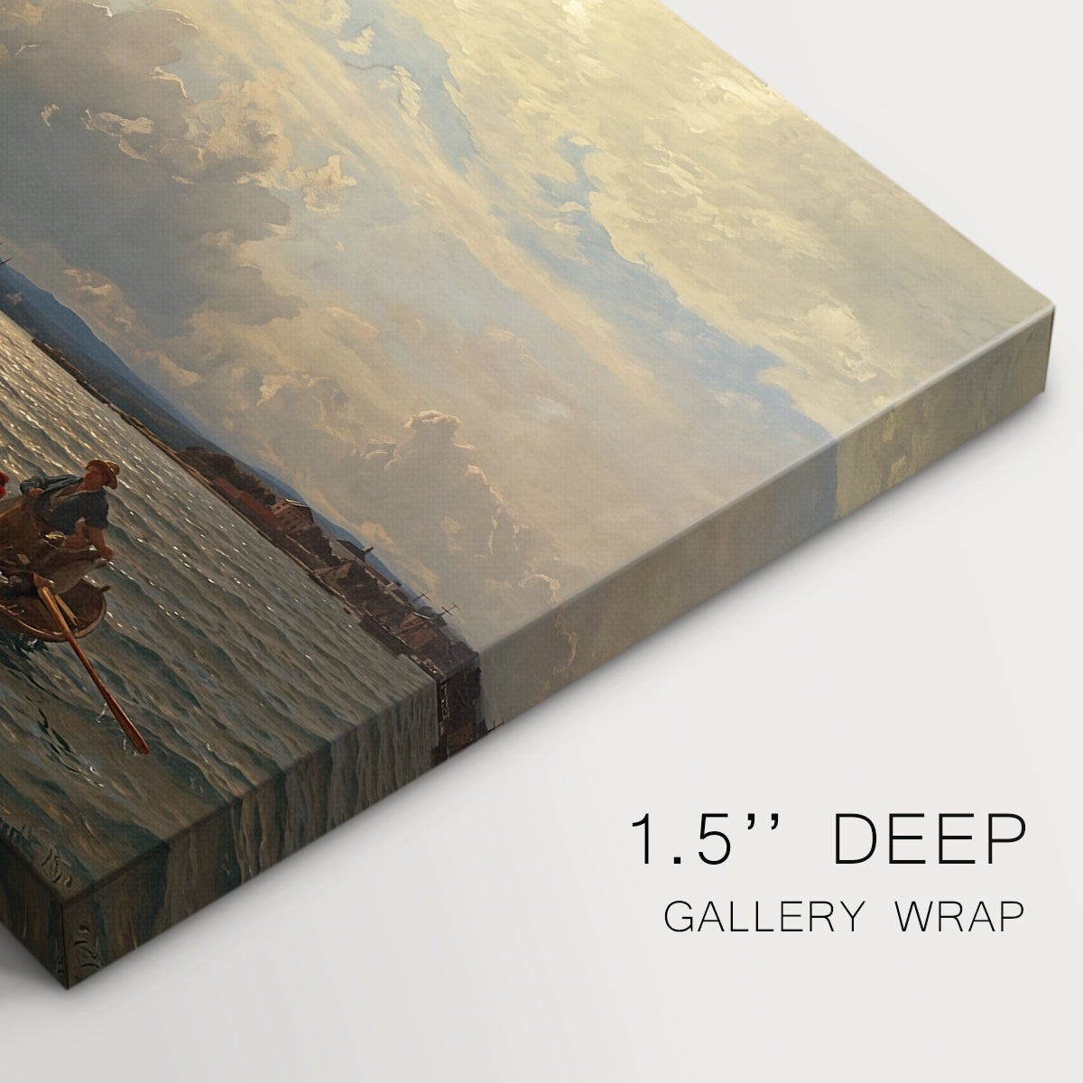 Canvas art print of a calm water inlet with boats and distant shoreline under soft light, highlighting texture and gallery-wrapped edges