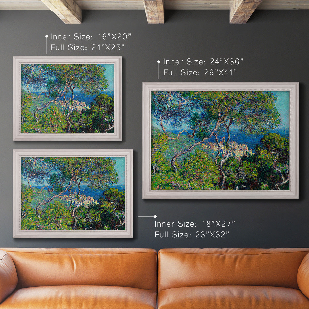 Impressionist Mediterranean coastal landscape by Claude Monet in an ornate weathered white frame shown in multiple size options.