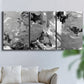 Three-panel canvas wall art featuring abstract marble texture composition, displayed in a living room above a sofa.
