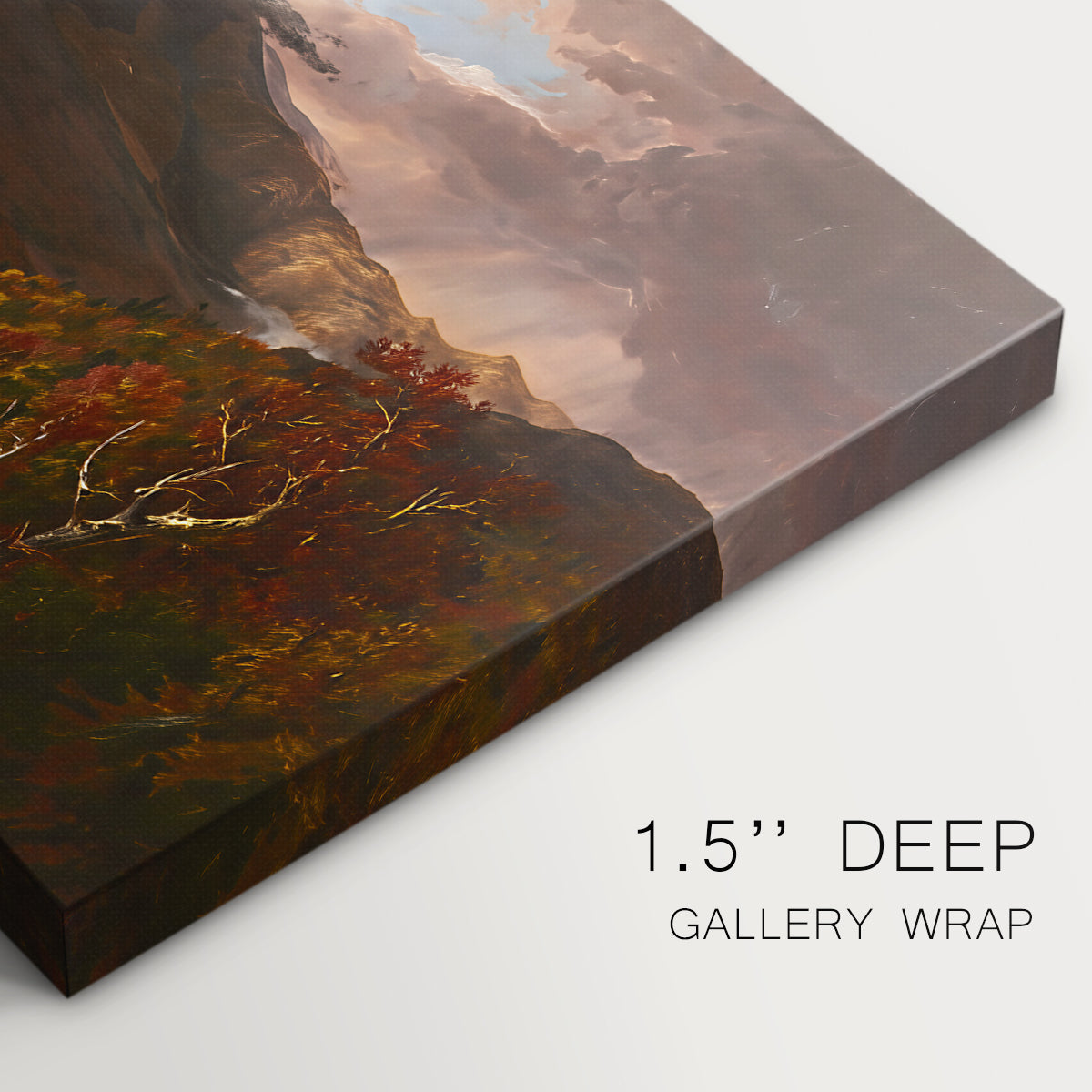 Canvas art print of a mountain landscape clearing after storm with sunlight breaking through clouds, highlighting texture and gallery-wrapped edges