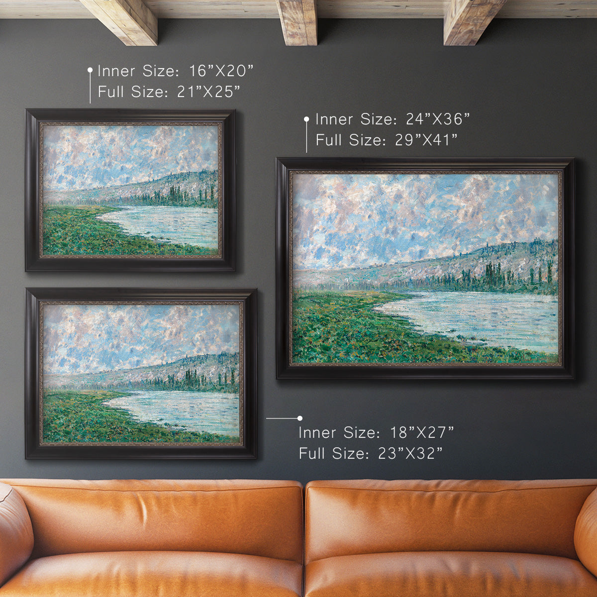Impressionist river landscape at Vétheuil by Claude Monet in an ornate black frame with gilded inner detail shown in multiple size options.
