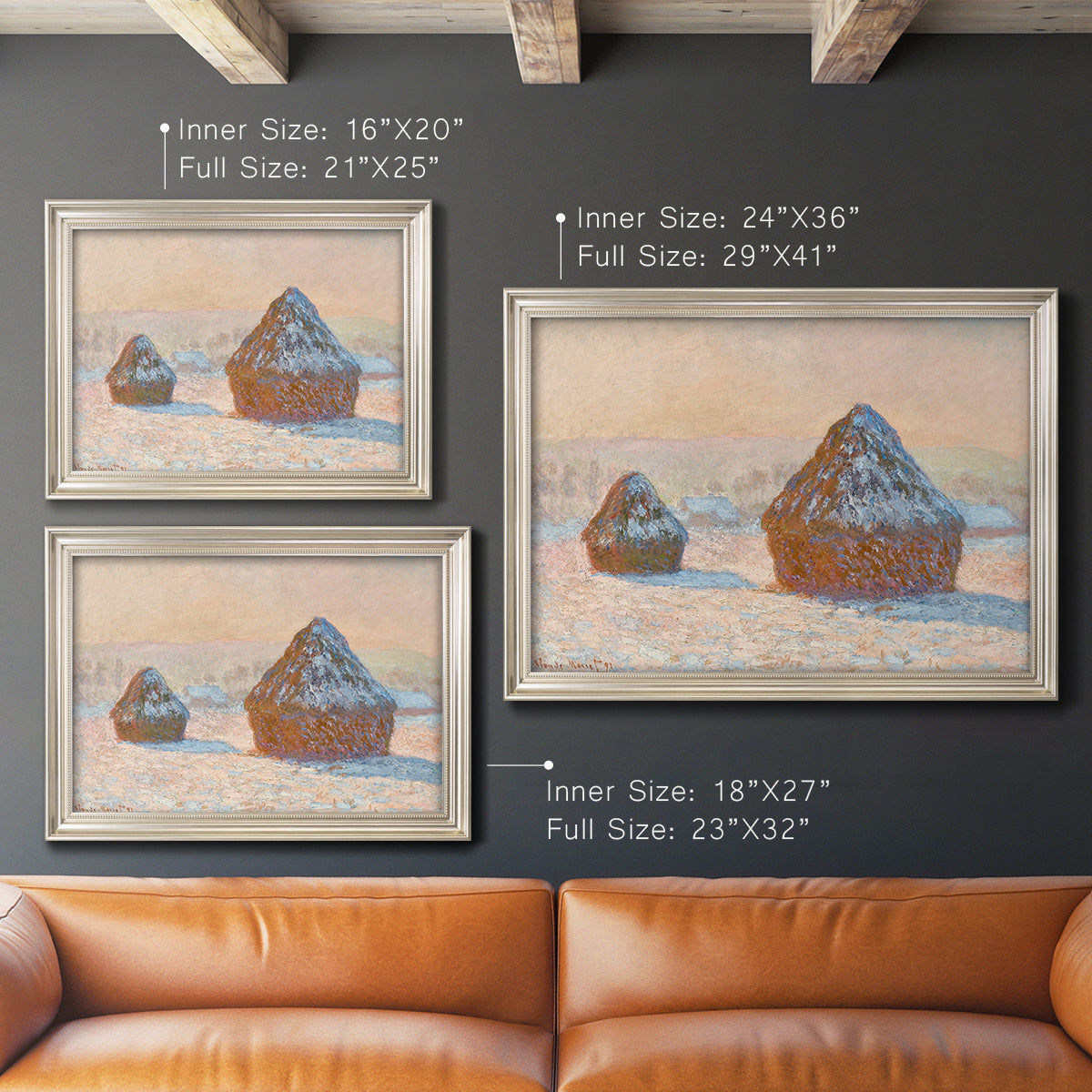 Impressionist winter haystack scene by Claude Monet in an ornate champagne frame shown in multiple size options.