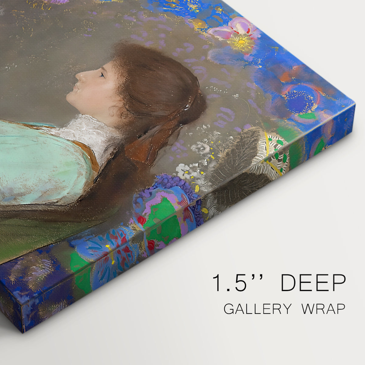 Canvas art print of a young woman in profile with soft decorative background, highlighting texture and gallery-wrapped edges