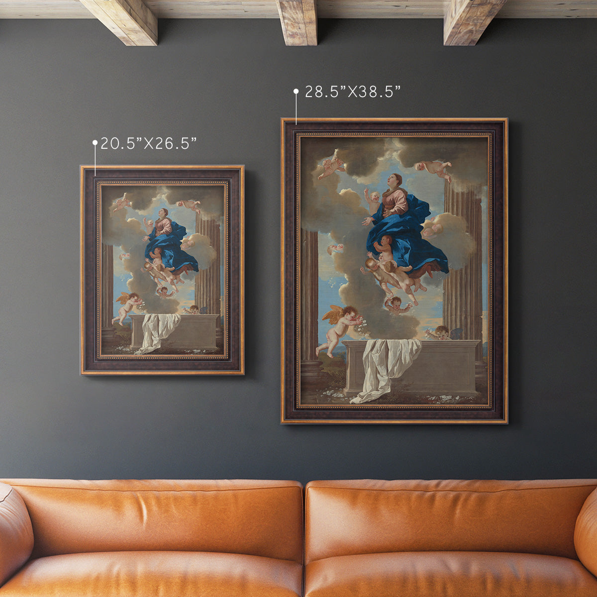 Classical religious depiction of the Assumption of the Virgin by Nicolas Poussin in an ornate bronzed mahogany wood frame shown in multiple vertical size options.