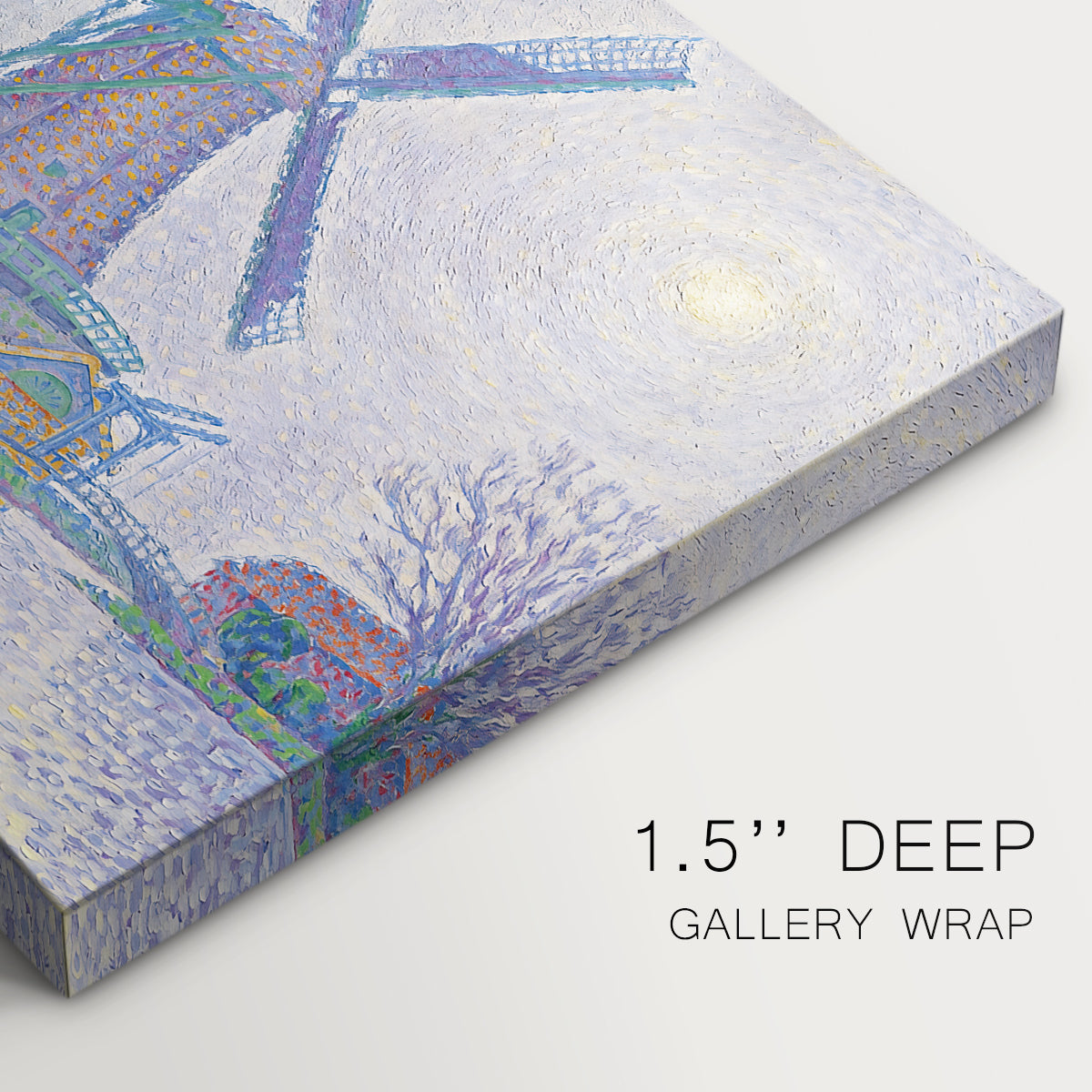 Canvas art print of a windmill beside water in quiet town landscape, highlighting texture and gallery-wrapped edges