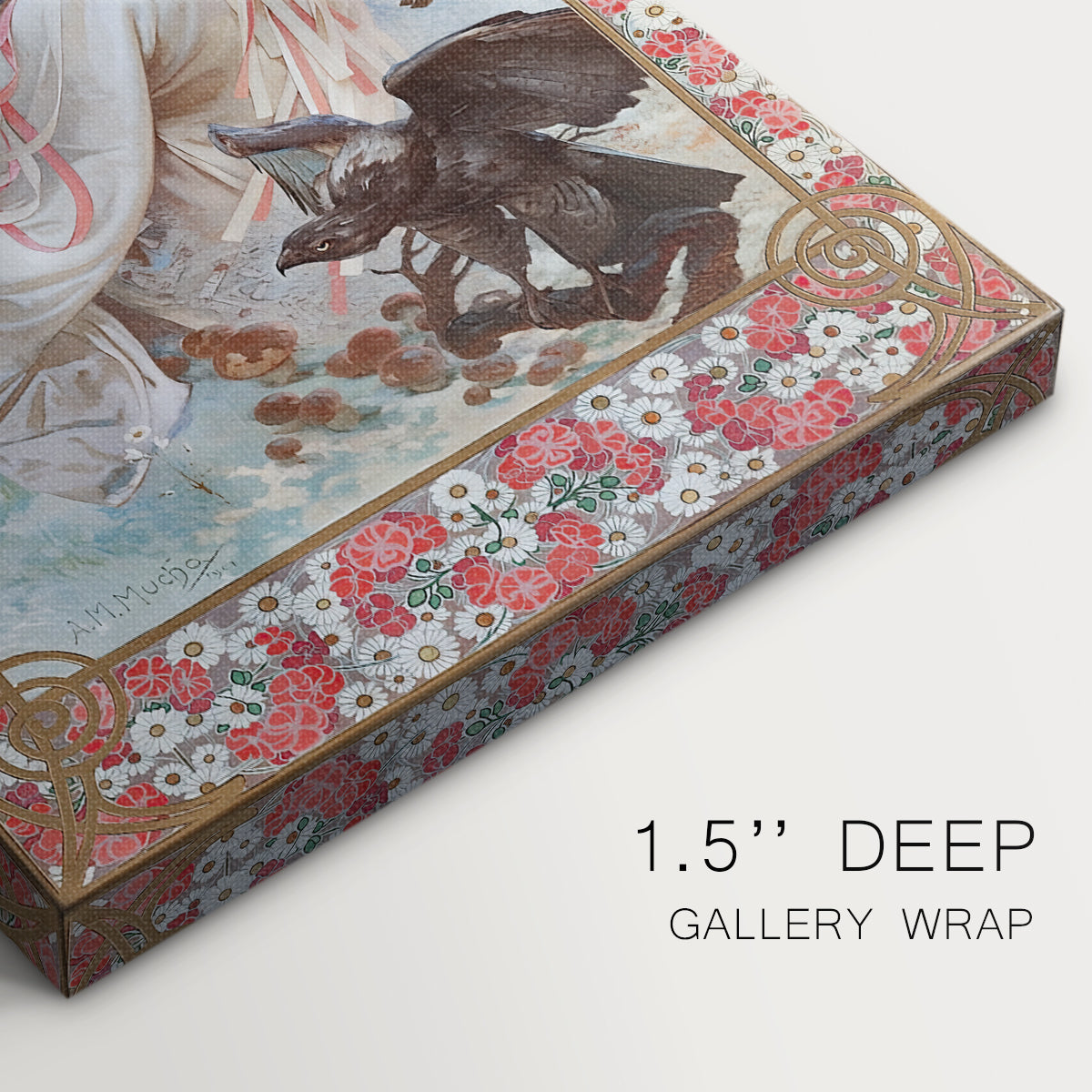 Close-up of a gallery-wrapped canvas corner showing a vintage illustration of a woman with flowing hair and ornate design, highlighting texture and print detail.