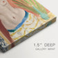 Close-up of a gallery-wrapped canvas corner showing a vivid figure with abstracted anatomy and flat color, highlighting texture and print detail.