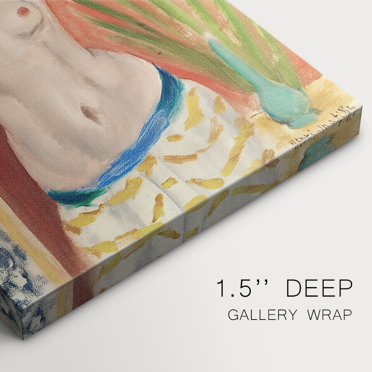 Close-up of a gallery-wrapped canvas corner showing a vivid figure with abstracted anatomy and flat color, highlighting texture and print detail.
