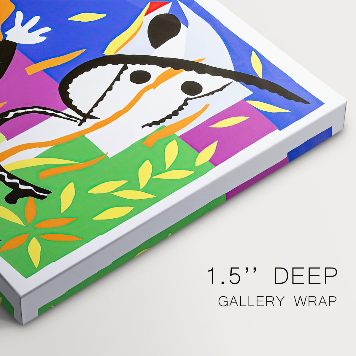 Canvas art print of an abstract composition with musician-like figure and shapes, highlighting texture and gallery-wrapped edges