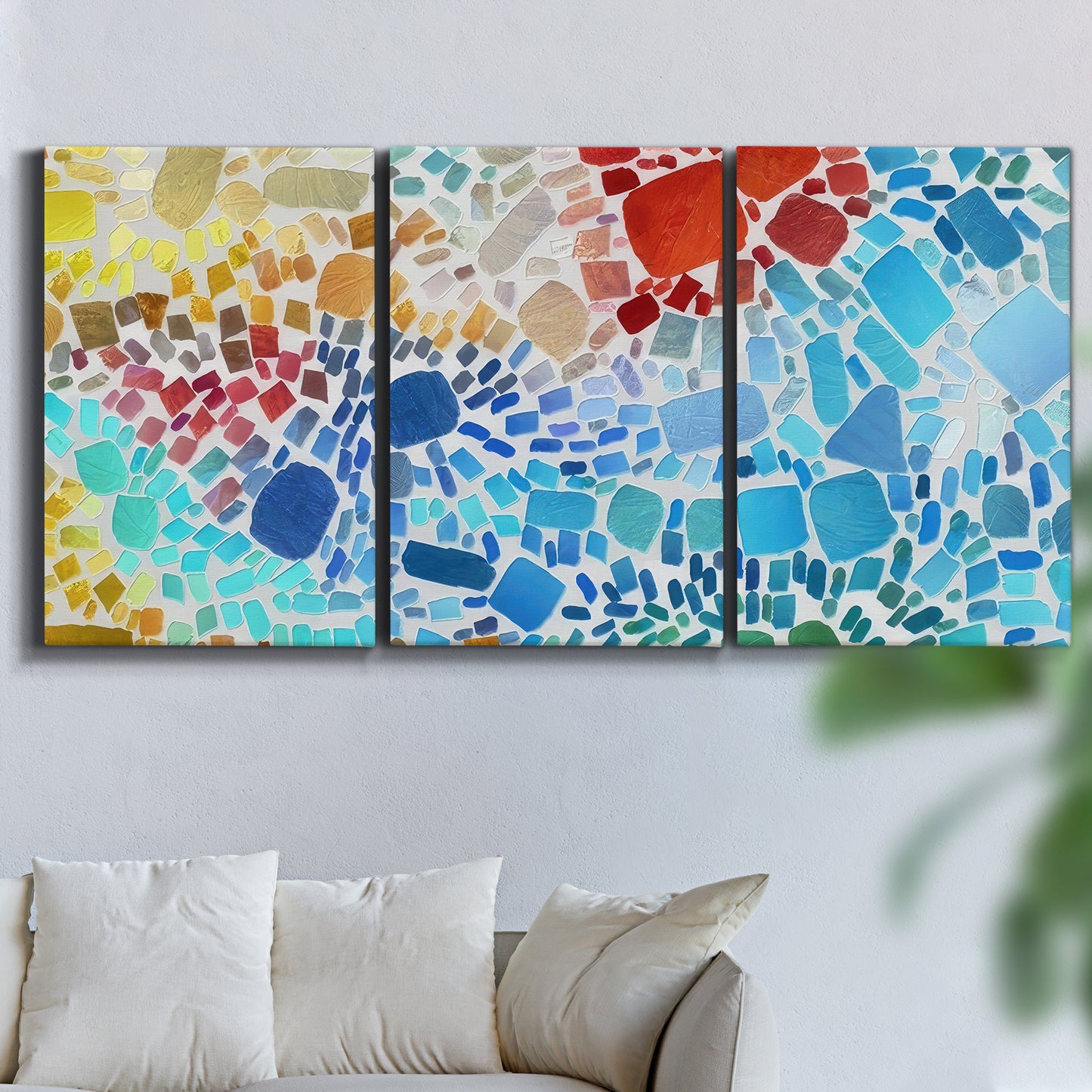 Three-panel canvas wall art featuring open landscape with landing strip, displayed in a living room above a sofa.