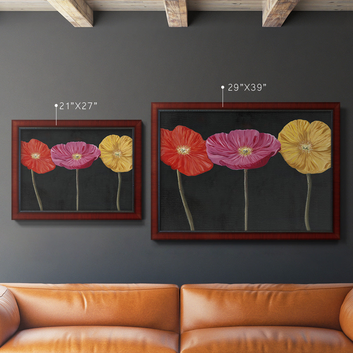 Contemporary poppy flower artwork in an ornate cherry burl wood frame shown in multiple size options.