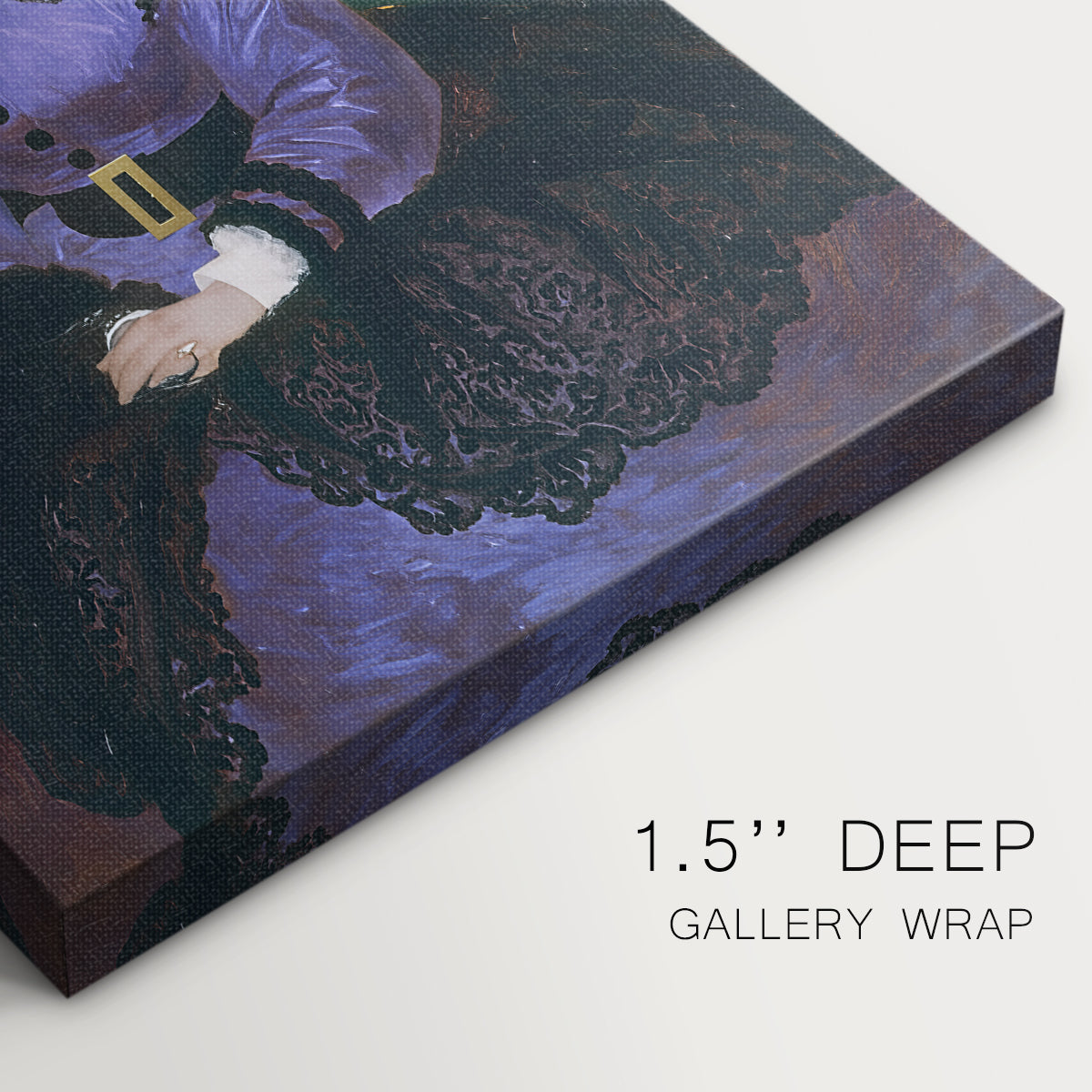 Close-up of a gallery-wrapped canvas corner showing a refined portrait with subtle color and soft background, highlighting texture and print detail.