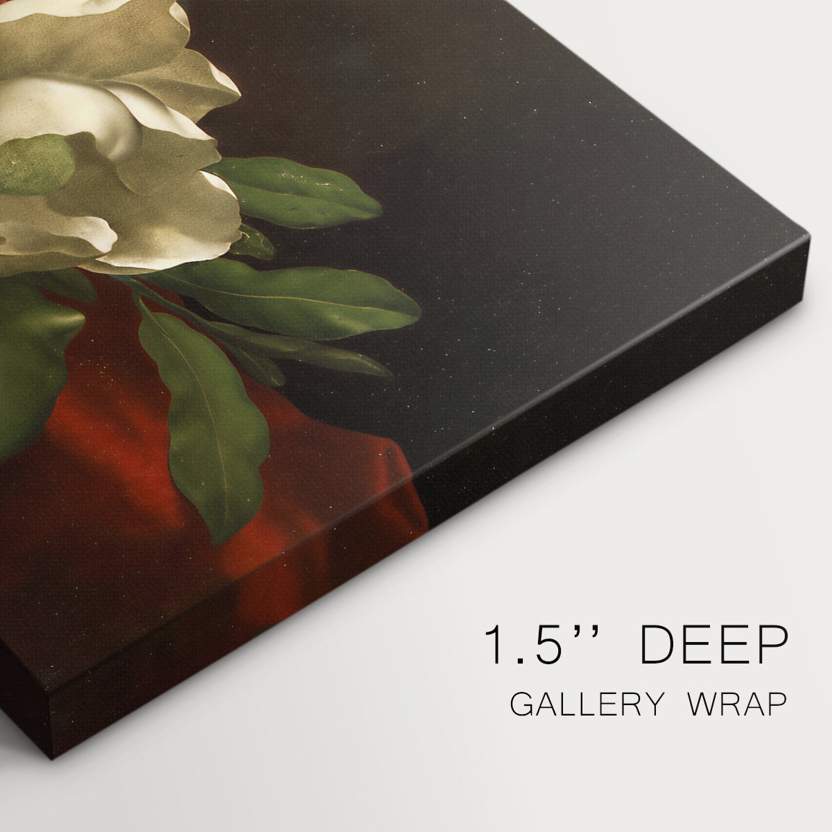 Canvas art print of a white magnolia bloom resting on red velvet surface, highlighting texture and gallery-wrapped edges