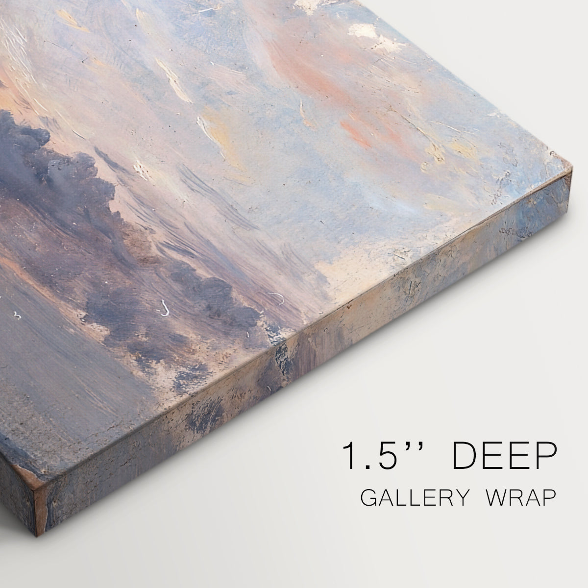 Canvas art print of a sky filled with warm sunset clouds over low horizon, highlighting texture and gallery-wrapped edges