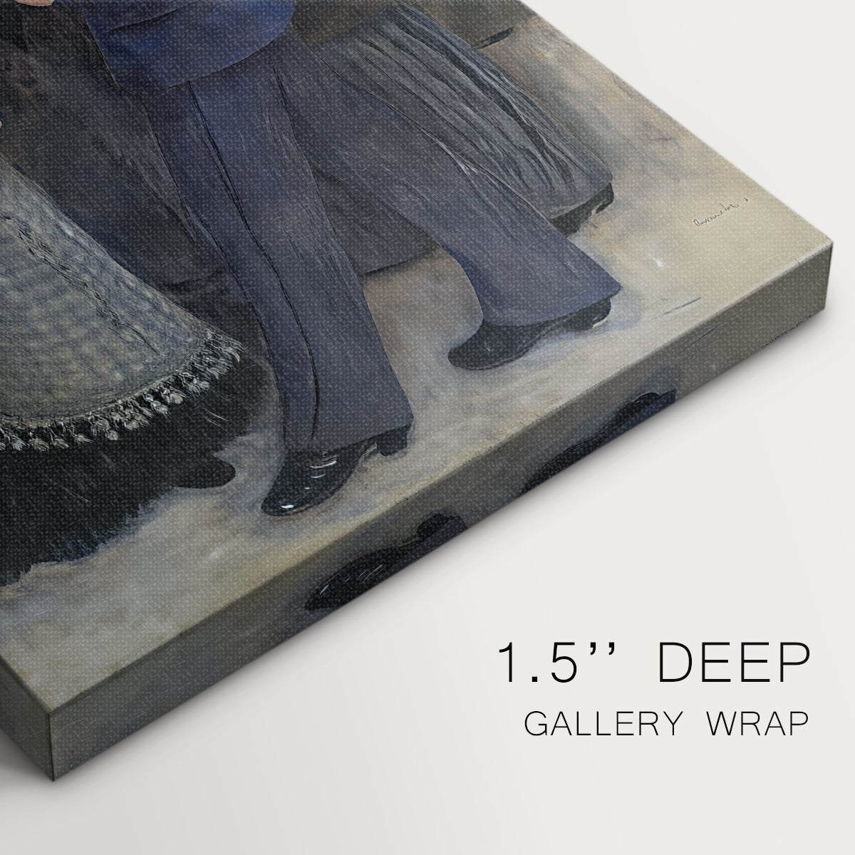 Close-up of a gallery-wrapped canvas corner showing a soft scene with gentle motion and impressionist brushwork, highlighting texture and print detail.