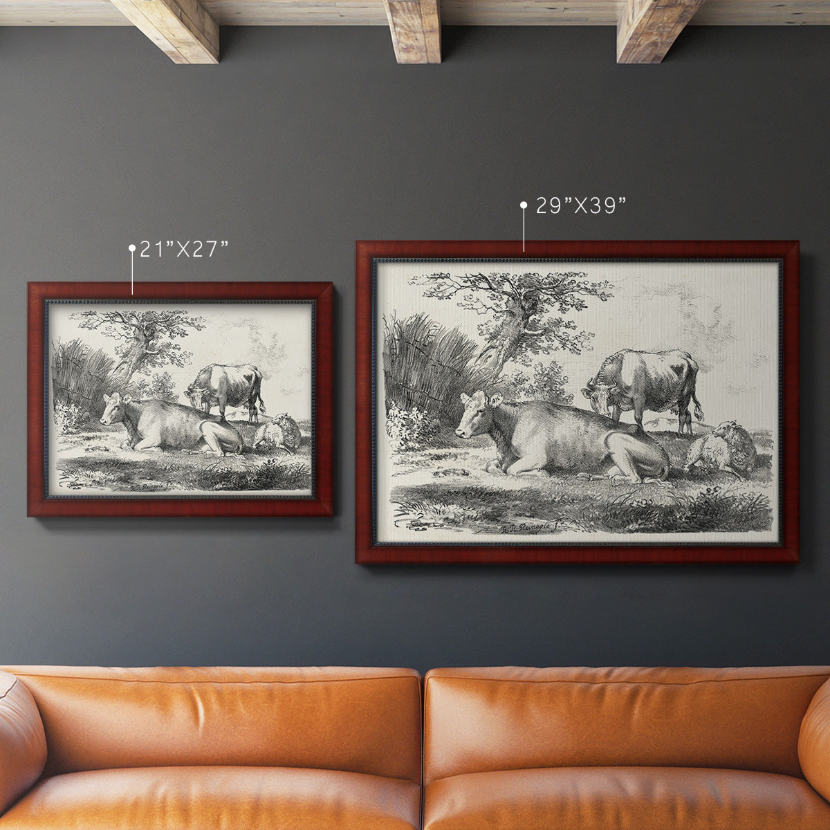 Classical pastoral landscape artwork by Nicolas Berchem in an ornate cherry burl wood frame shown in multiple size options.