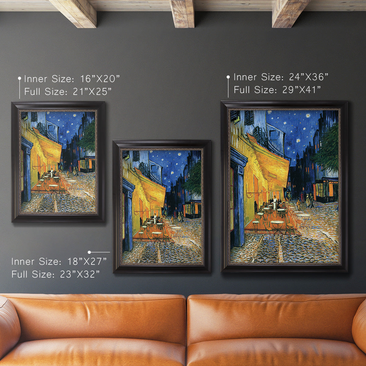 Impressionist night café street scene by Vincent van Gogh in an ornate black frame with gilded inner detail shown in multiple vertical size options.