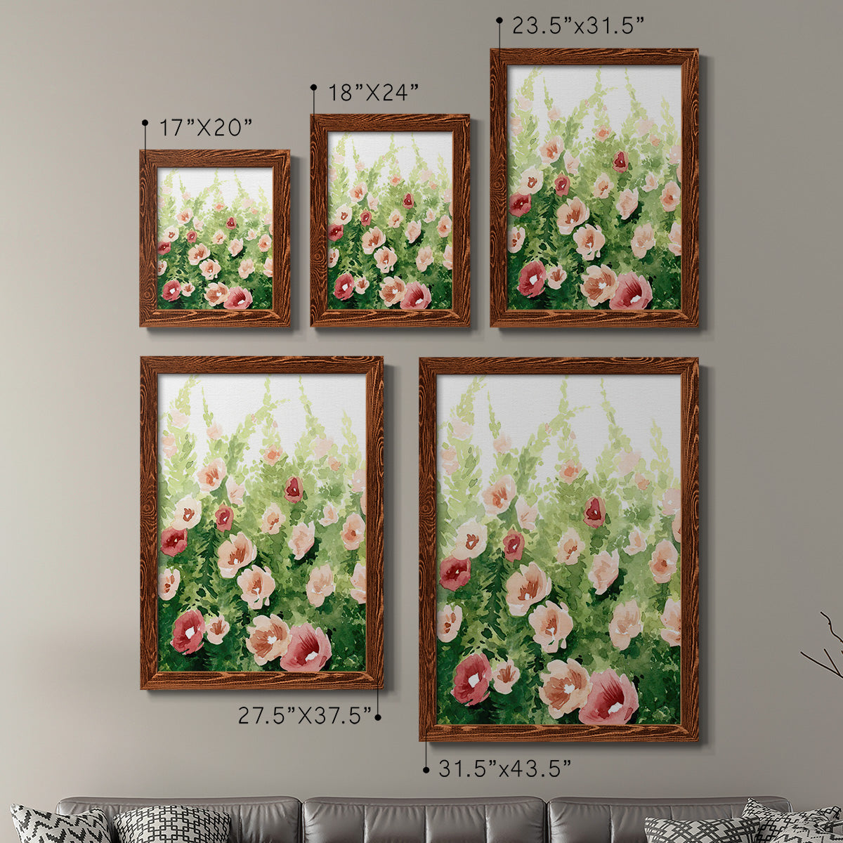 Size comparison chart for a set of two maple barnwood framed canvas prints.