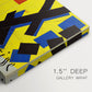 Canvas art print of an abstract graphic design with bold shapes and color blocks arranged symmetrically, highlighting texture and gallery-wrapped edges