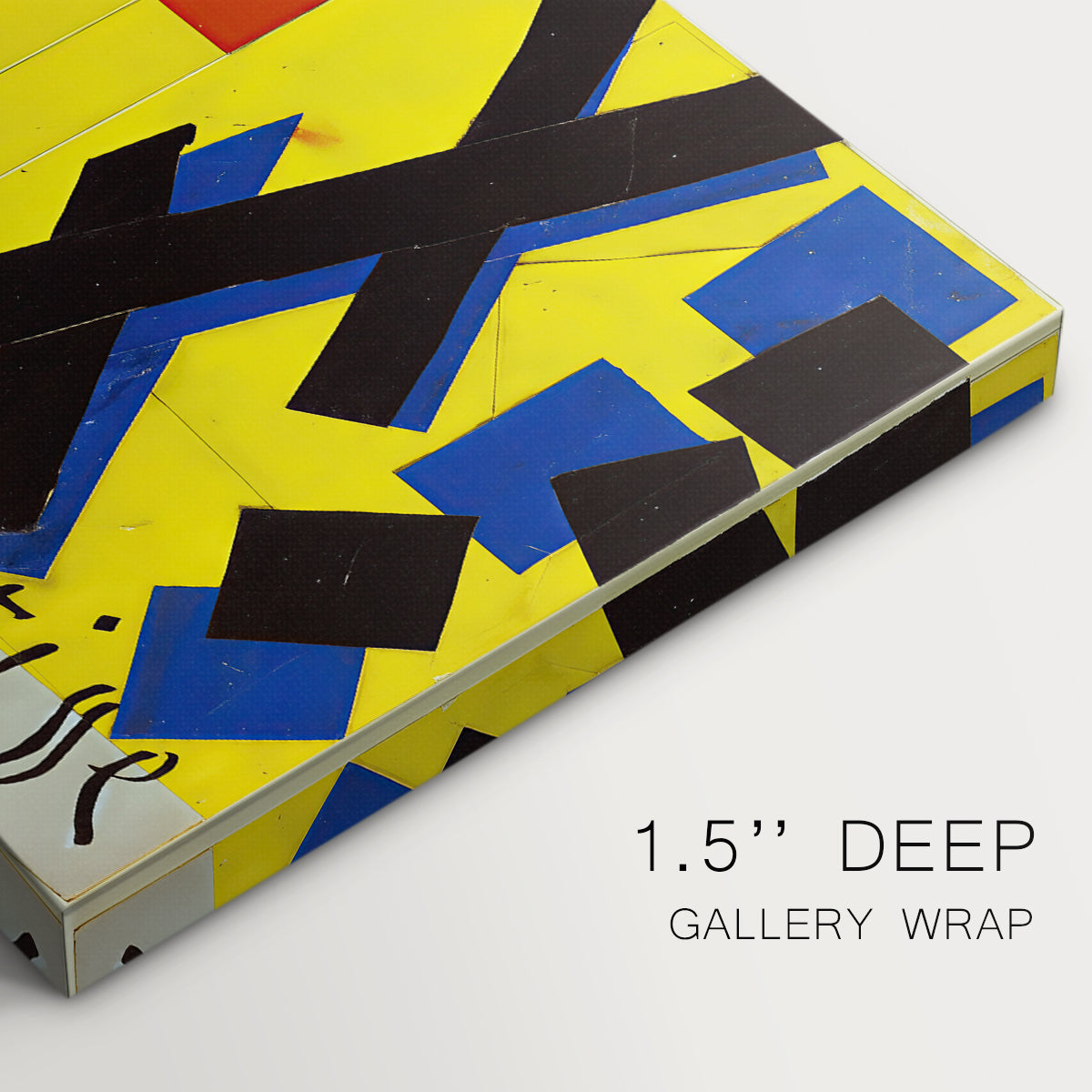 Canvas art print of an abstract graphic design with bold shapes and color blocks arranged symmetrically, highlighting texture and gallery-wrapped edges