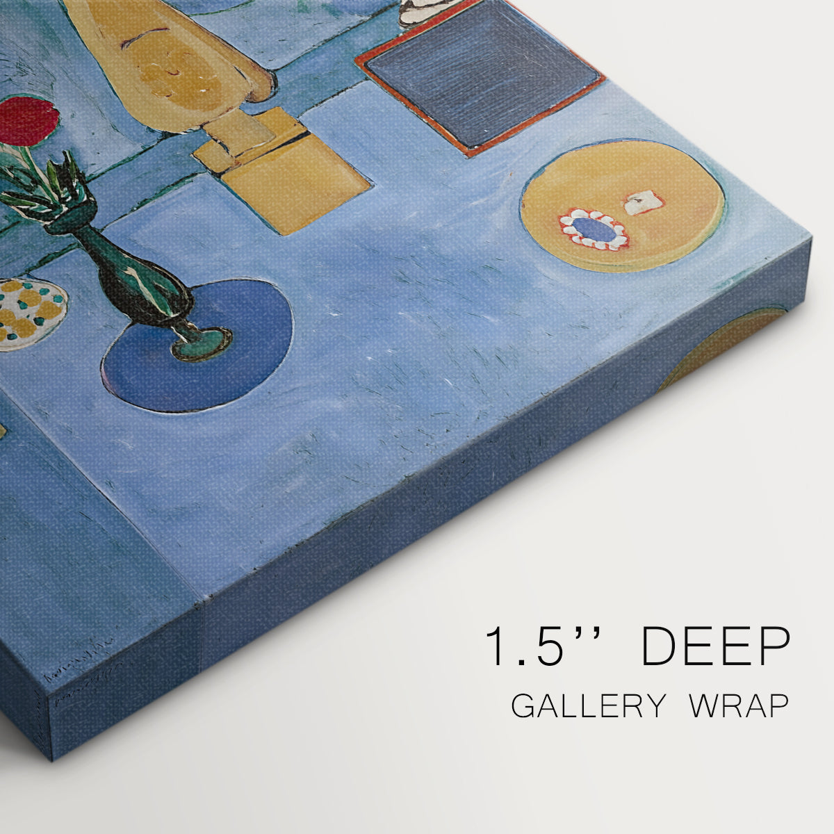Close-up of a gallery-wrapped canvas corner showing a vivid interior scene with floral elements and light, highlighting texture and print detail.