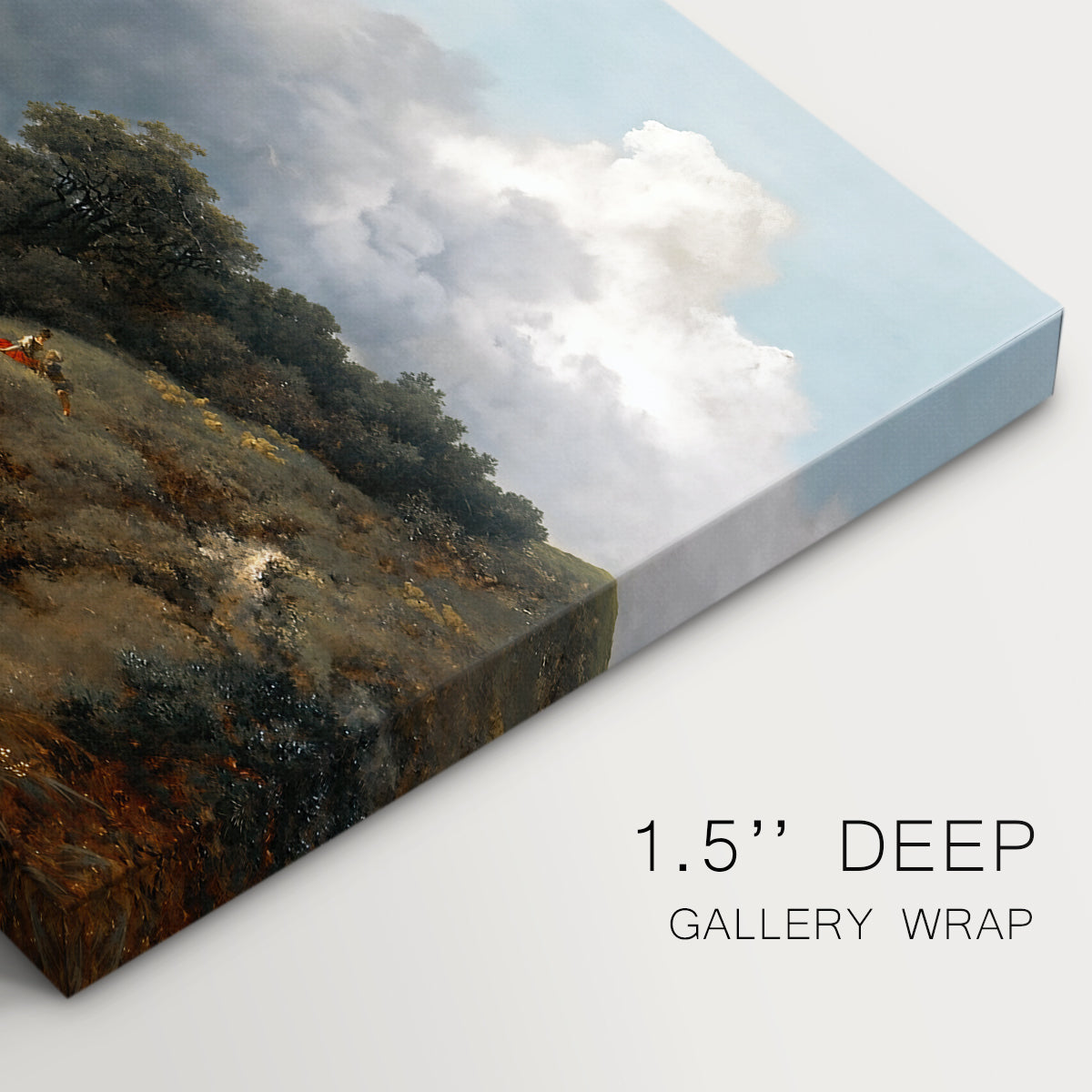 Canvas art print of a pastoral landscape with figures and animals gathered near water, highlighting texture and gallery-wrapped edges