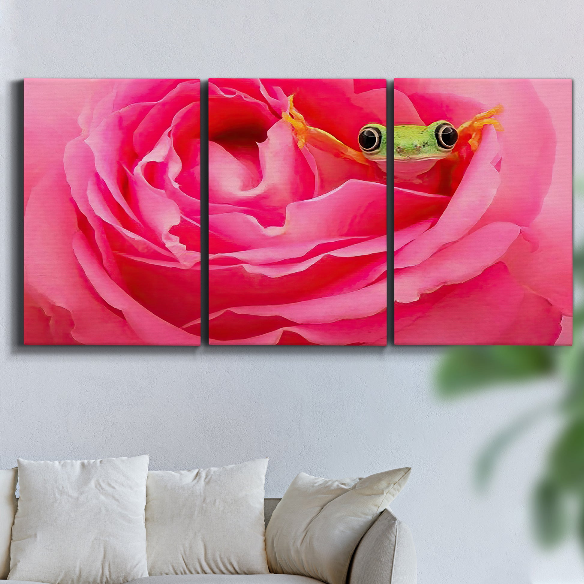 Three-panel canvas wall art featuring animal photography with floral elements, displayed in a living room above a sofa.